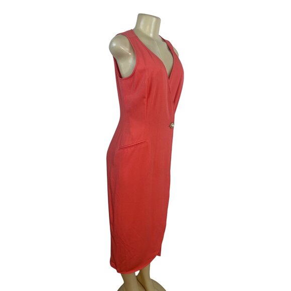 Kenar Women's Orange Sleeveless Wrap Midi Dress With Pearl Button Sz 6 - Picture 2 of 8